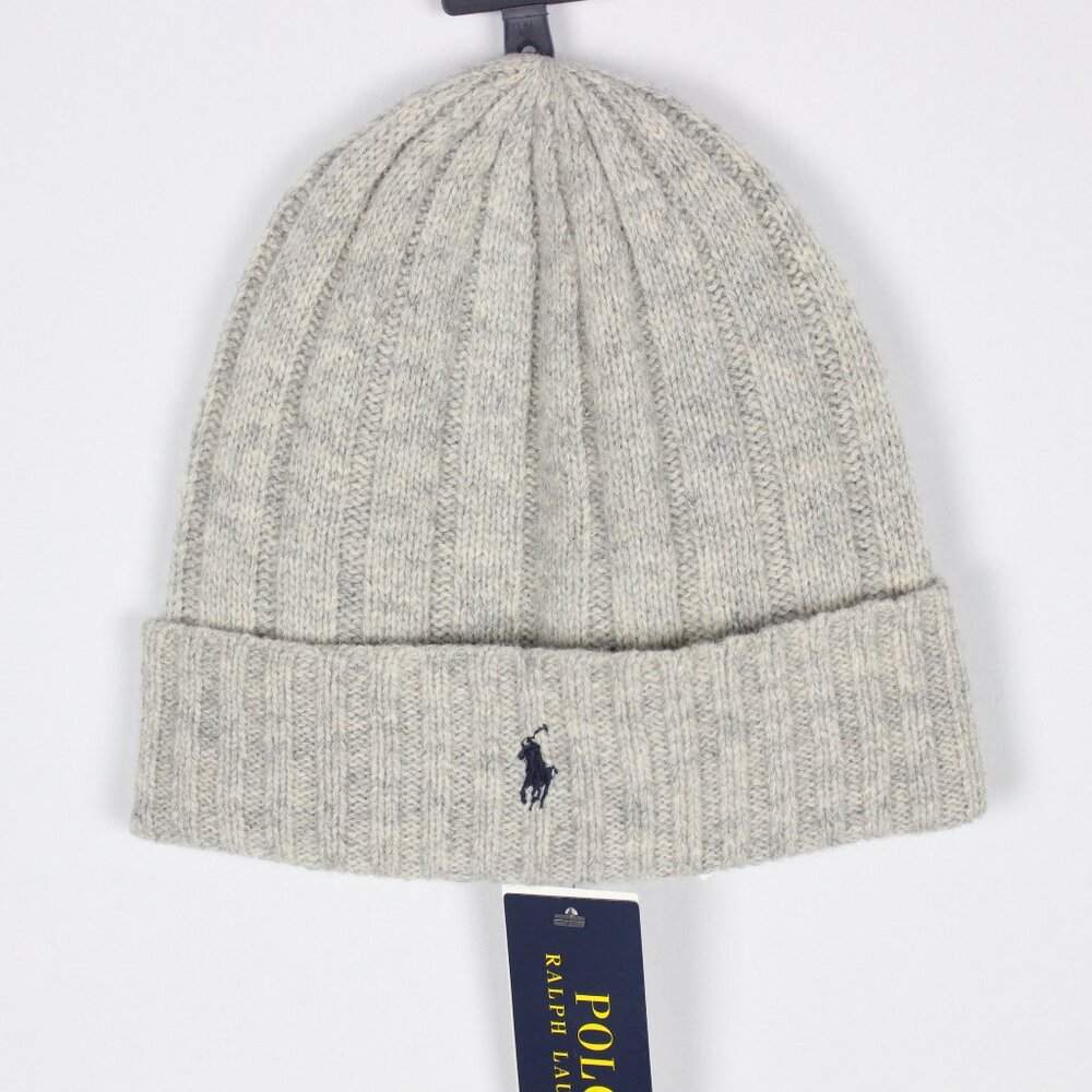 Polo Ralph Lauren Men's Cuffed Beanie Wool Blend Snow Winter Gray Navy Pony